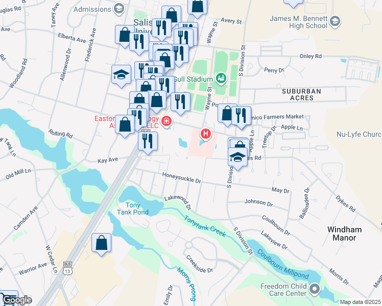map of restaurants, bars, coffee shops, grocery stores, and more near 106 Milford Street in Salisbury
