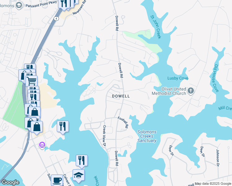 map of restaurants, bars, coffee shops, grocery stores, and more near 13899 Ensign Road in Solomons