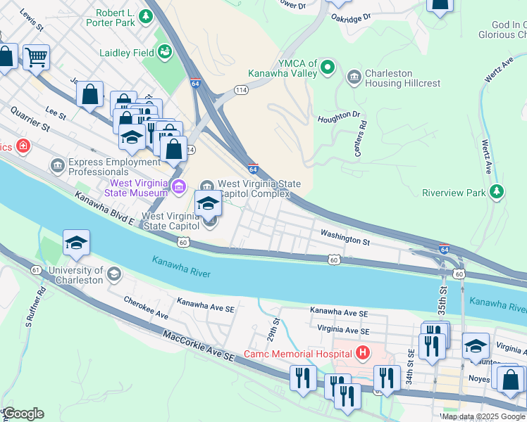 map of restaurants, bars, coffee shops, grocery stores, and more near 2042 Washington Street East in Charleston