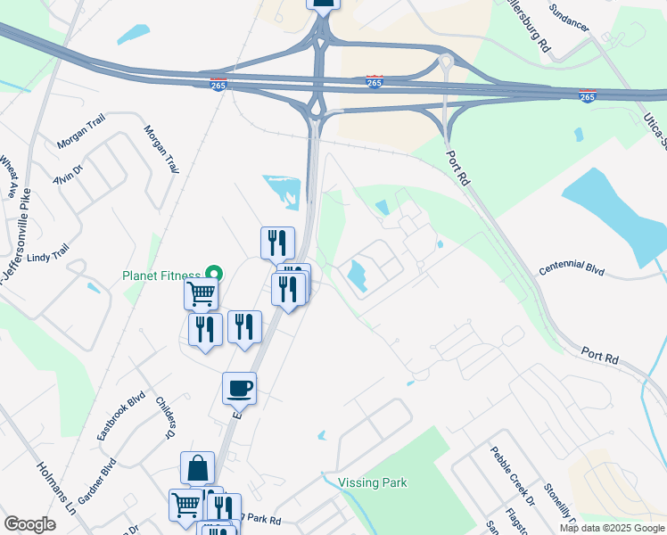 map of restaurants, bars, coffee shops, grocery stores, and more near 610 Stonebench Circle in Jeffersonville