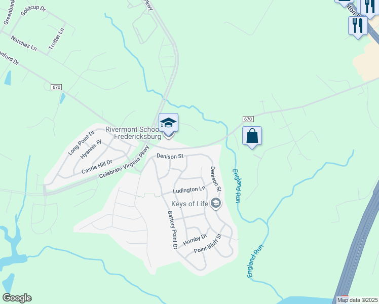 map of restaurants, bars, coffee shops, grocery stores, and more near 59 Denison Street in Fredericksburg