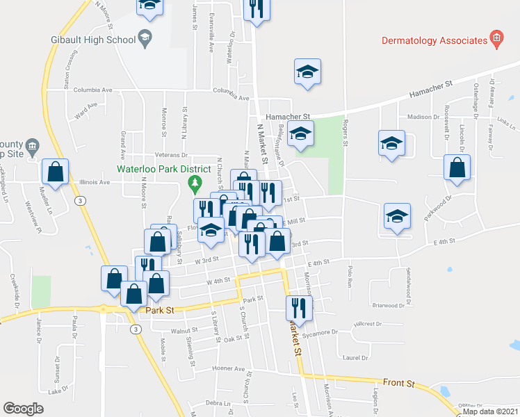map of restaurants, bars, coffee shops, grocery stores, and more near 102 East 1st Street in Waterloo