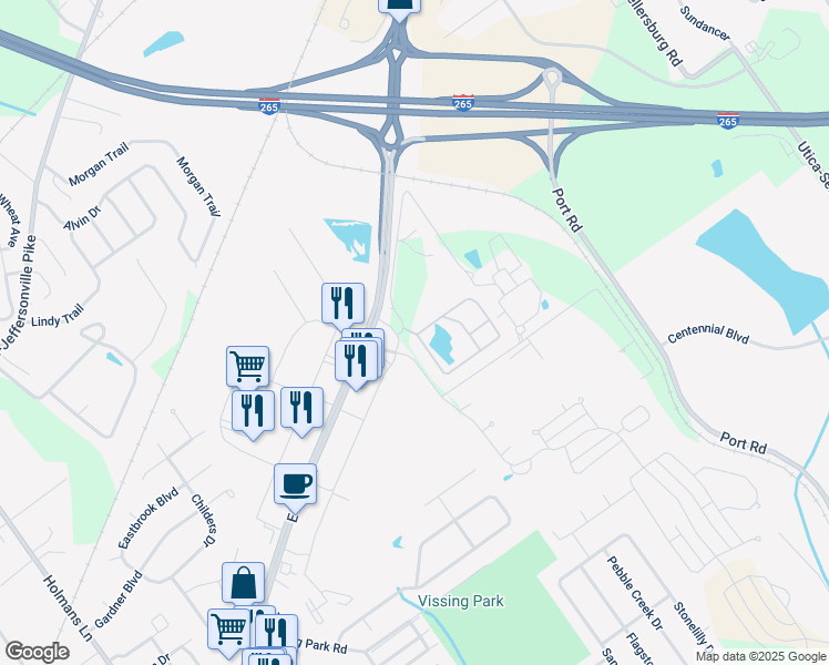 map of restaurants, bars, coffee shops, grocery stores, and more near 610 Stonebench Circle in Jeffersonville