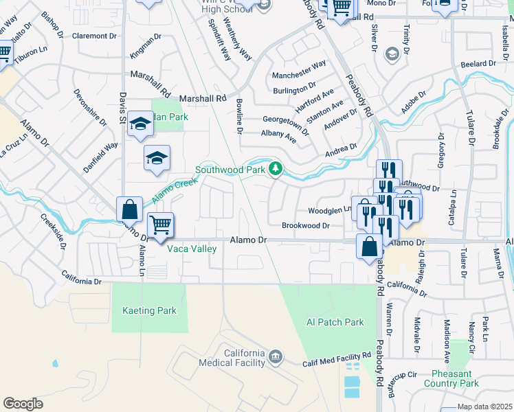 map of restaurants, bars, coffee shops, grocery stores, and more near 140 Ivy Court in Vacaville