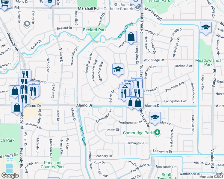 map of restaurants, bars, coffee shops, grocery stores, and more near 166 Incline Court in Vacaville