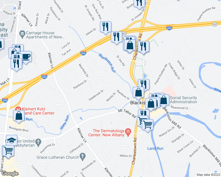 map of restaurants, bars, coffee shops, grocery stores, and more near 3904 Rainbow Drive in New Albany