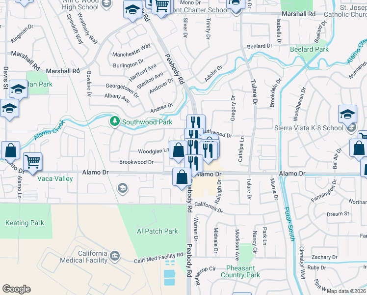 map of restaurants, bars, coffee shops, grocery stores, and more near 1976 Peabody Road in Vacaville