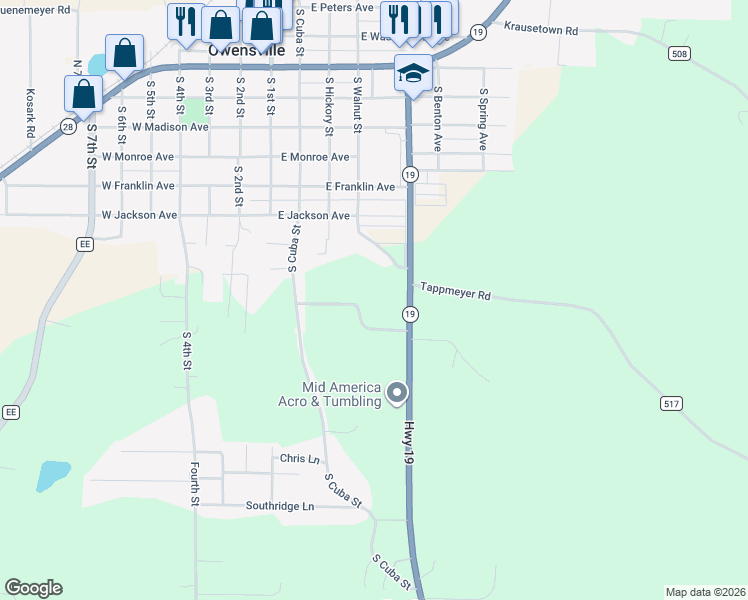 map of restaurants, bars, coffee shops, grocery stores, and more near 3581 Pin Oaks Estates in Owensville