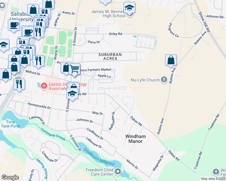 map of restaurants, bars, coffee shops, grocery stores, and more near 201 Winterborn Lane in Salisbury