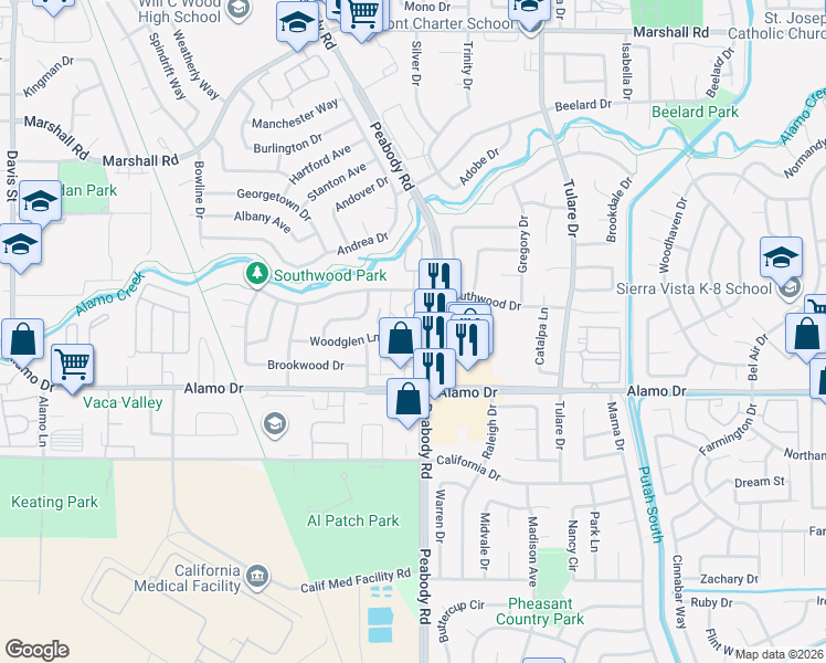 map of restaurants, bars, coffee shops, grocery stores, and more near 1976 Peabody Road in Vacaville