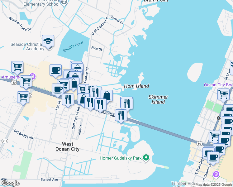 map of restaurants, bars, coffee shops, grocery stores, and more near 12910 Sand Bar Lane in Ocean City