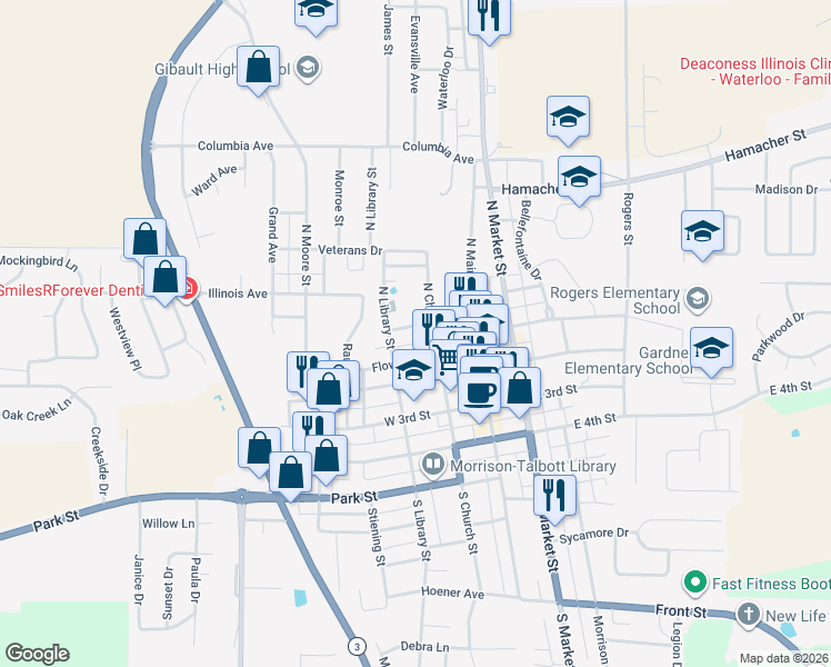 map of restaurants, bars, coffee shops, grocery stores, and more near 208 Magnolia Avenue in Waterloo