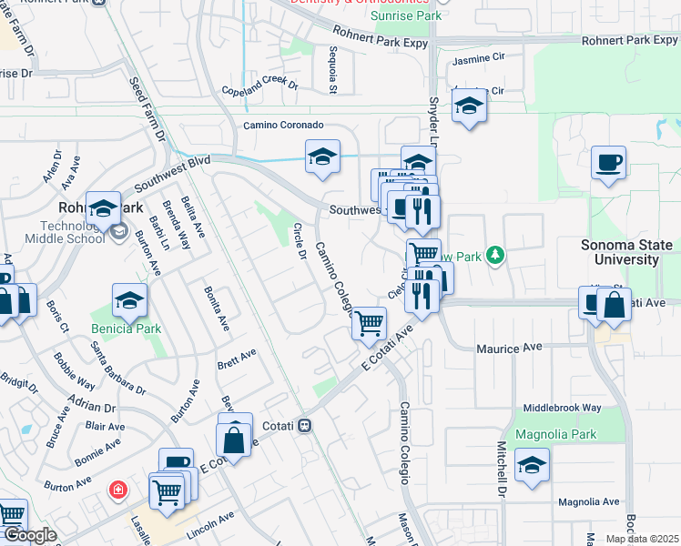 map of restaurants, bars, coffee shops, grocery stores, and more near 7199 Camino Colegio in Rohnert Park