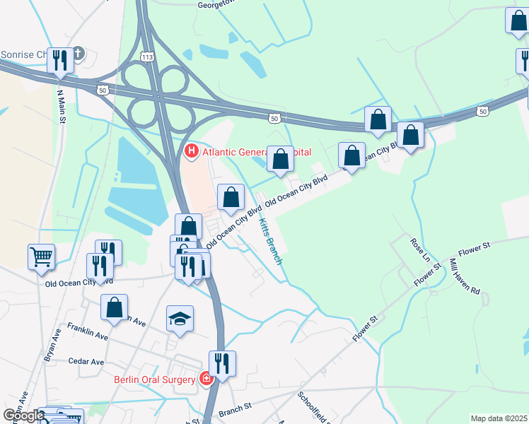 map of restaurants, bars, coffee shops, grocery stores, and more near 10302 Old Ocean City Boulevard in Berlin