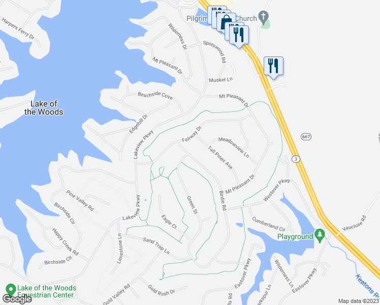 map of restaurants, bars, coffee shops, grocery stores, and more near 203 Birdie Road in Locust Grove