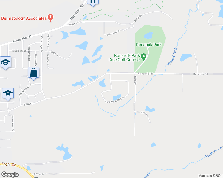 map of restaurants, bars, coffee shops, grocery stores, and more near 23 Country Lakes Lane in Waterloo