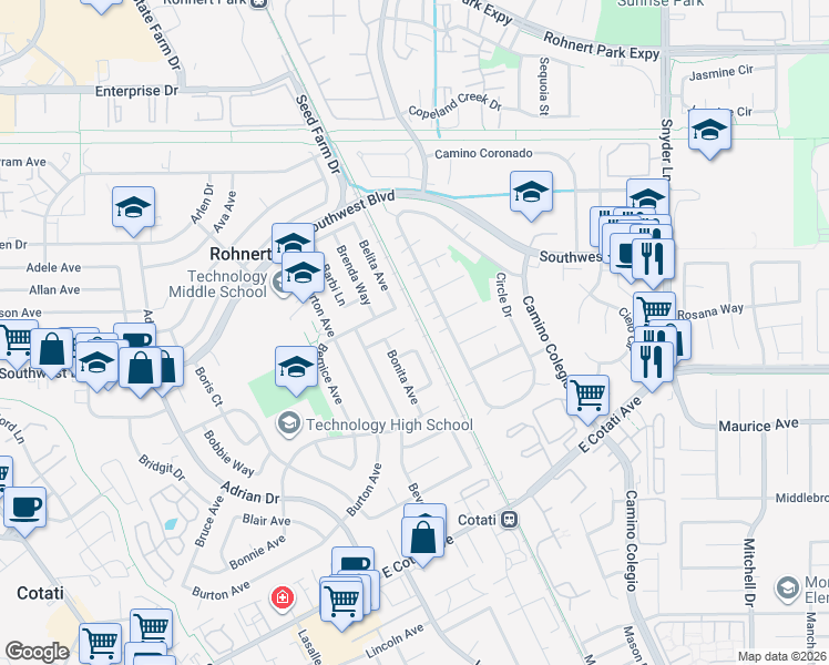 map of restaurants, bars, coffee shops, grocery stores, and more near 7576 Beth Court in Rohnert Park