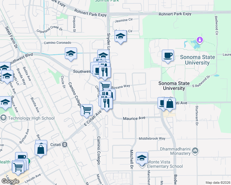 map of restaurants, bars, coffee shops, grocery stores, and more near 7215 Roxanne Lane in Rohnert Park