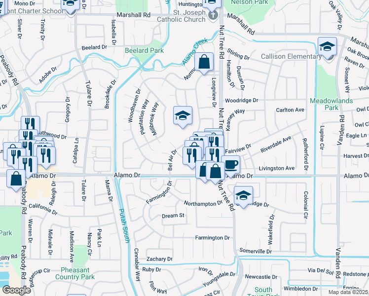 map of restaurants, bars, coffee shops, grocery stores, and more near 270 Bel Air Drive in Vacaville