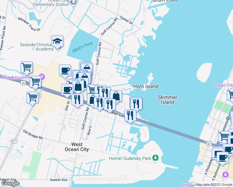 map of restaurants, bars, coffee shops, grocery stores, and more near 12906 Sand Bar Lane in Ocean City