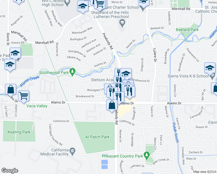 map of restaurants, bars, coffee shops, grocery stores, and more near 1977 Woodglen Lane in Vacaville
