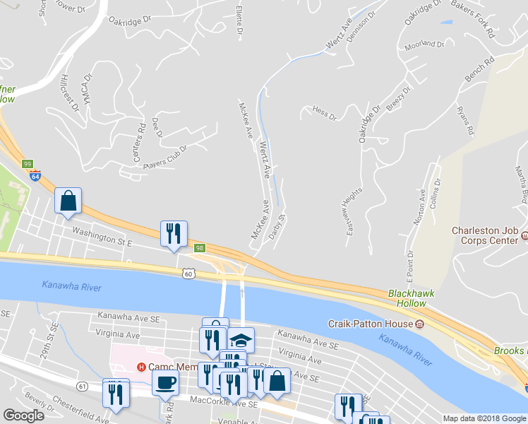 map of restaurants, bars, coffee shops, grocery stores, and more near 134 McKee Avenue in Charleston