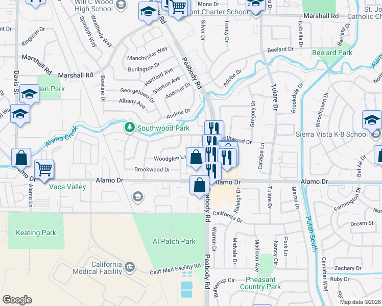 map of restaurants, bars, coffee shops, grocery stores, and more near 1967 Woodglen Lane in Vacaville