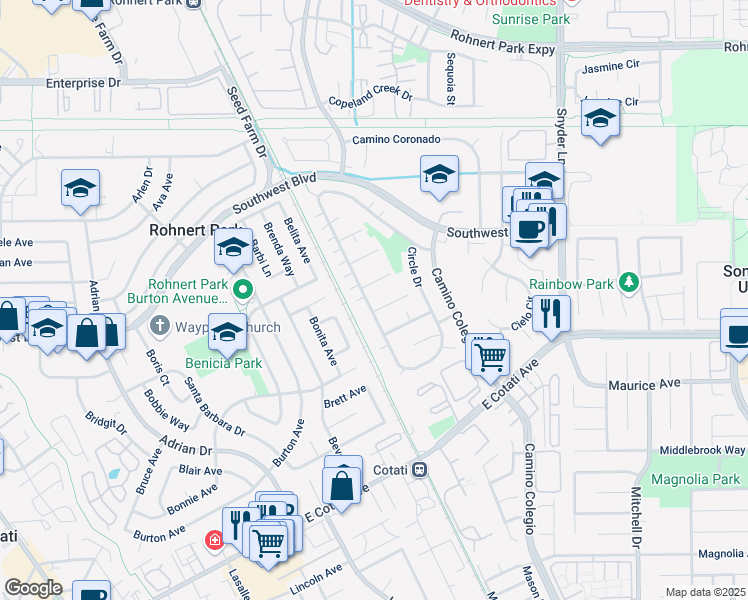 map of restaurants, bars, coffee shops, grocery stores, and more near 7313 Circle Drive in Rohnert Park
