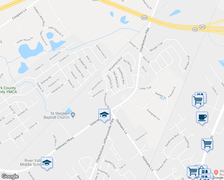 map of restaurants, bars, coffee shops, grocery stores, and more near 3908 Haystack Drive in Jeffersonville