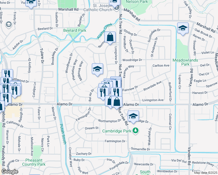 map of restaurants, bars, coffee shops, grocery stores, and more near 3069 Alamo Drive in Vacaville