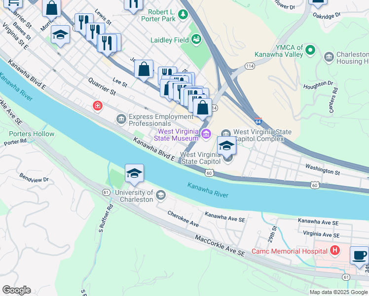 map of restaurants, bars, coffee shops, grocery stores, and more near 1636 Kanawha Boulevard East in Charleston
