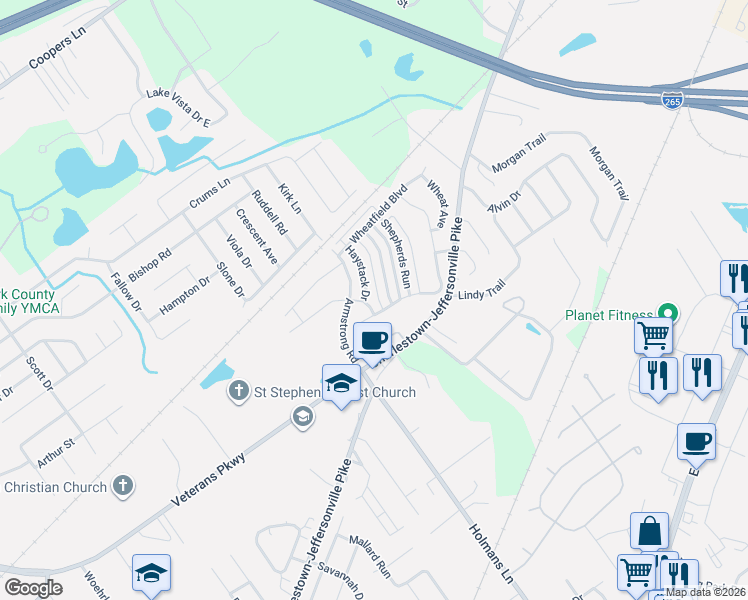 map of restaurants, bars, coffee shops, grocery stores, and more near 3124 Red Barn Loop in Jeffersonville