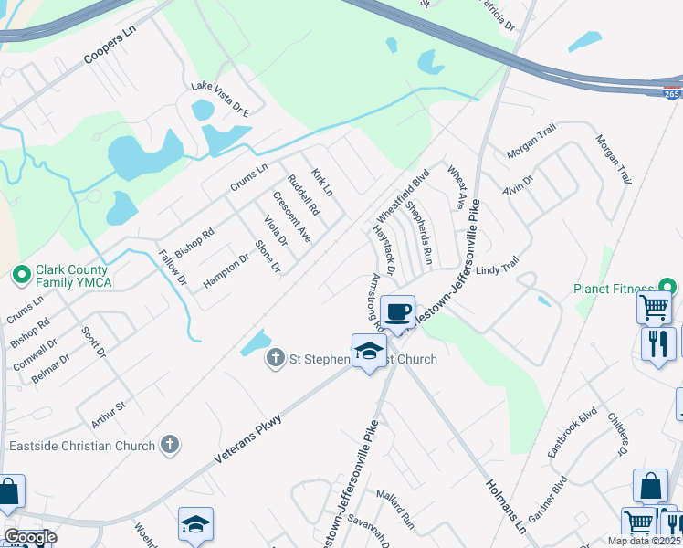 map of restaurants, bars, coffee shops, grocery stores, and more near 3900 Armstrong Court in Jeffersonville