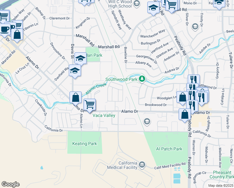 map of restaurants, bars, coffee shops, grocery stores, and more near 1597 Alamo Drive in Vacaville