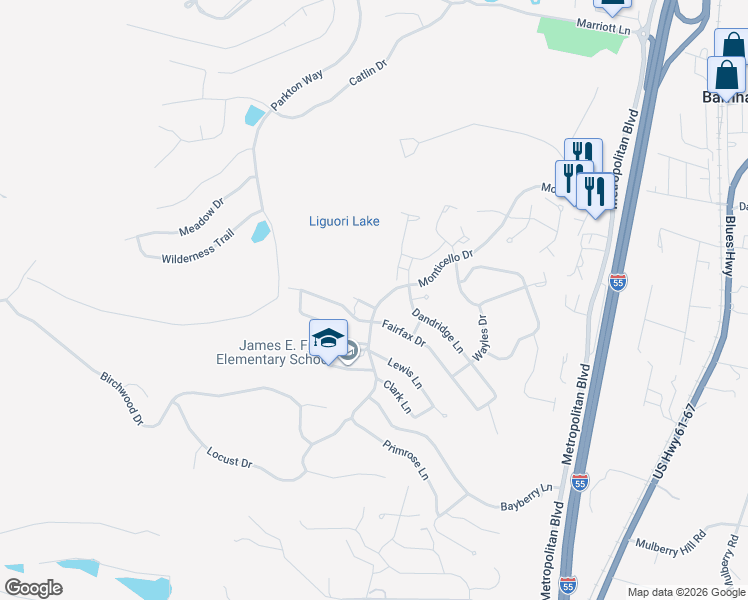 map of restaurants, bars, coffee shops, grocery stores, and more near 7310 Fairfax Court in Barnhart