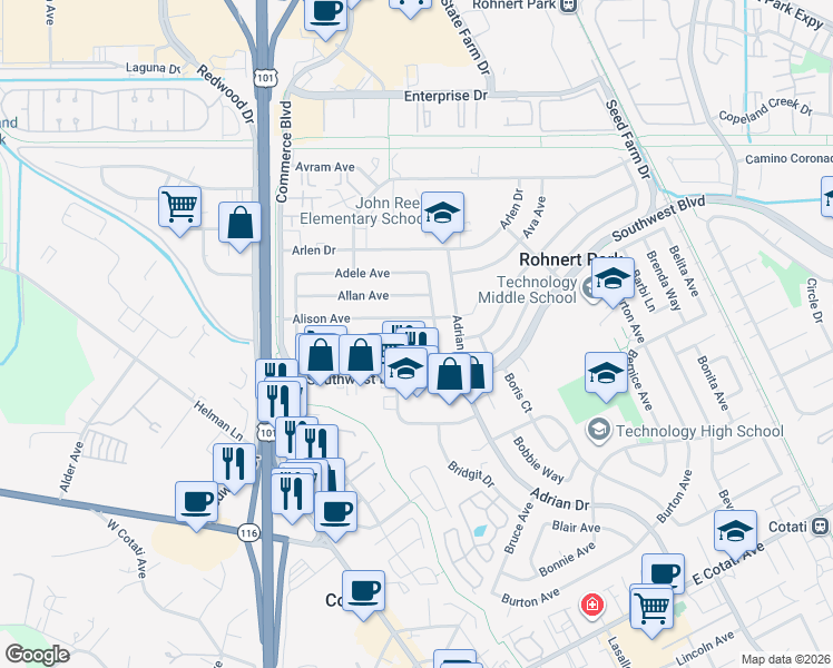 map of restaurants, bars, coffee shops, grocery stores, and more near in Sonoma County