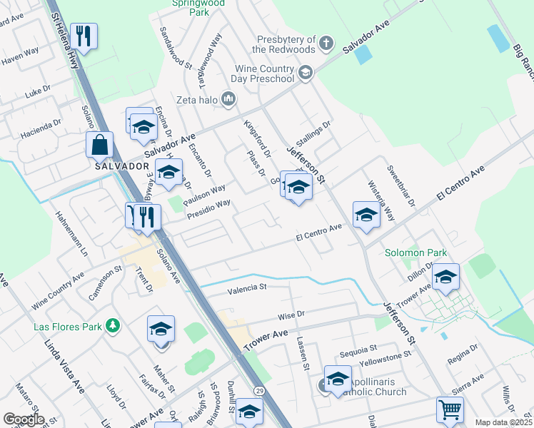 map of restaurants, bars, coffee shops, grocery stores, and more near 1640 San Vicente Avenue in Napa