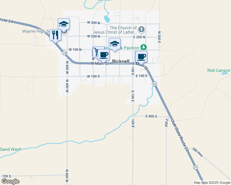 map of restaurants, bars, coffee shops, grocery stores, and more near 34 East 230 South in Bicknell