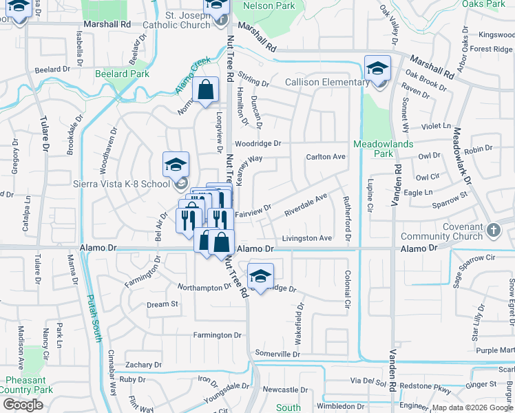map of restaurants, bars, coffee shops, grocery stores, and more near 120 Fairview Drive in Vacaville