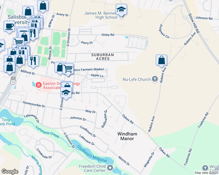 map of restaurants, bars, coffee shops, grocery stores, and more near 206 Winterborn Lane in Salisbury