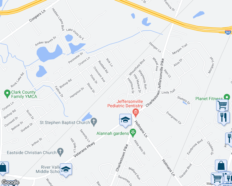 map of restaurants, bars, coffee shops, grocery stores, and more near 3903 Armstrong Court in Jeffersonville
