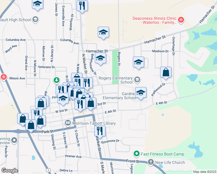 map of restaurants, bars, coffee shops, grocery stores, and more near 301 East Mill Street in Waterloo