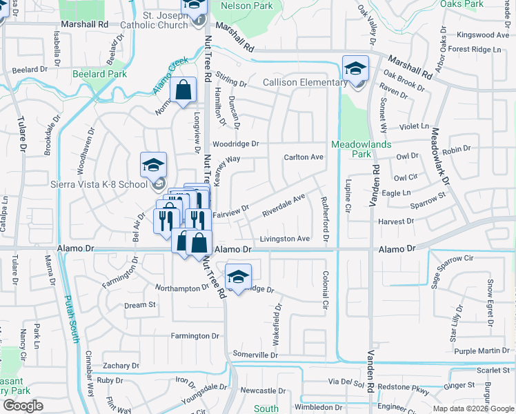 map of restaurants, bars, coffee shops, grocery stores, and more near 154 Fairview Drive in Vacaville