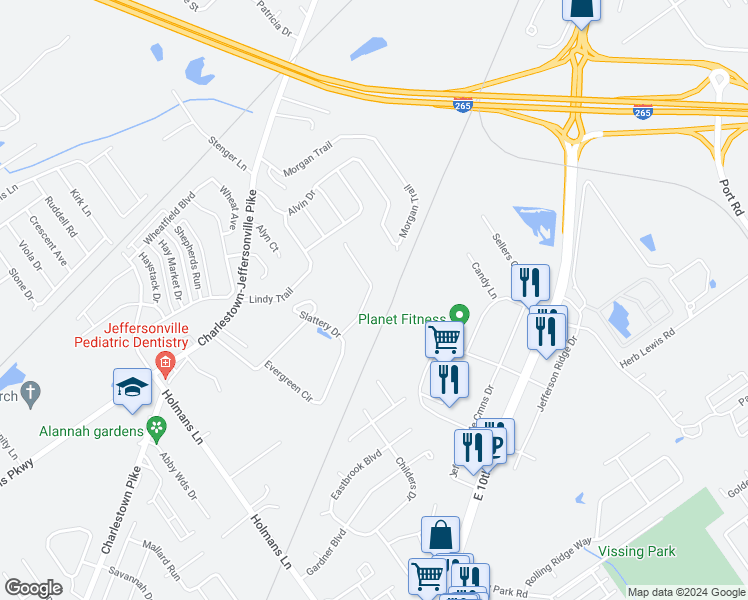 map of restaurants, bars, coffee shops, grocery stores, and more near 3420 Palmetto Drive in Jeffersonville