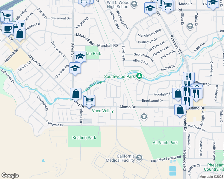 map of restaurants, bars, coffee shops, grocery stores, and more near 1597 Alamo Drive in Vacaville
