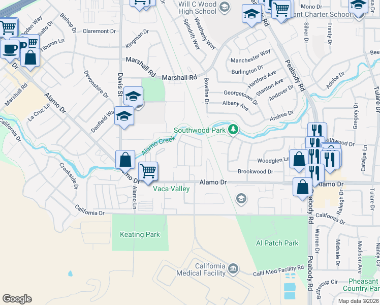 map of restaurants, bars, coffee shops, grocery stores, and more near 1597 Alamo Drive in Vacaville
