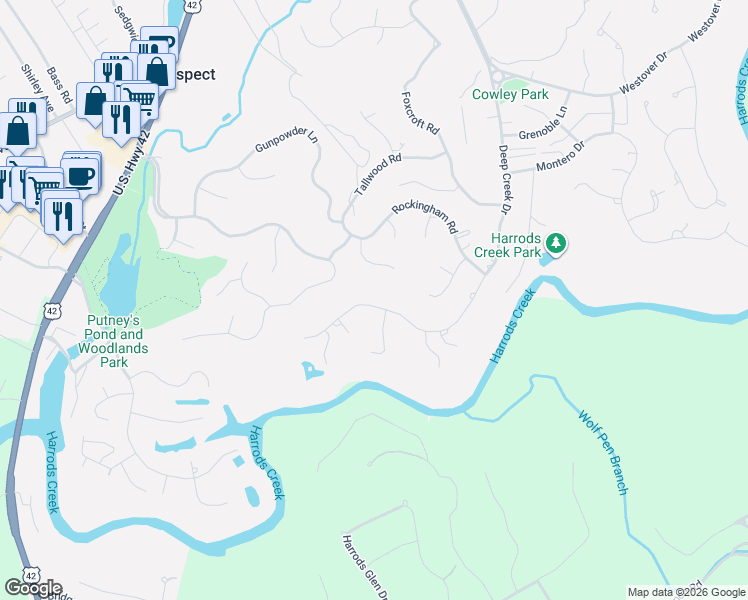 map of restaurants, bars, coffee shops, grocery stores, and more near 6122 Deep Creek Drive in Prospect