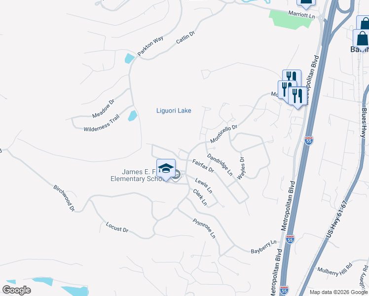 map of restaurants, bars, coffee shops, grocery stores, and more near 7310 Fairfax Court in Barnhart