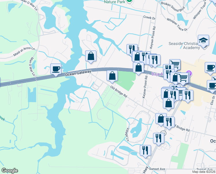 map of restaurants, bars, coffee shops, grocery stores, and more near 12407 Old Bridge Road in Ocean City