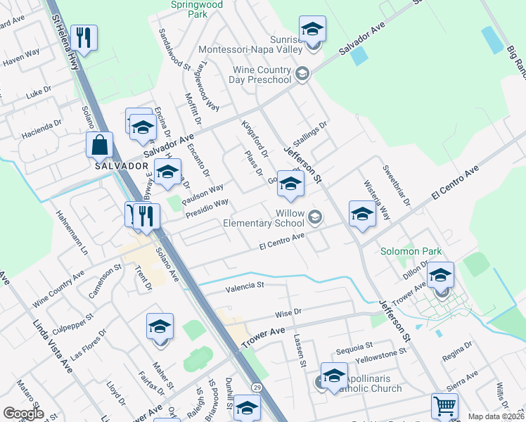 map of restaurants, bars, coffee shops, grocery stores, and more near 1638 San Vicente Avenue in Napa